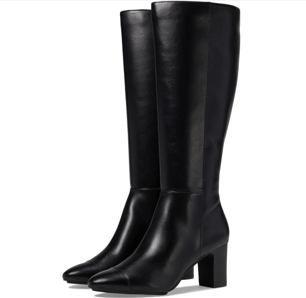 Ann Klein Sawyer Boots Knee High Black Faux Leather Block Heel US 9.5 NEW
